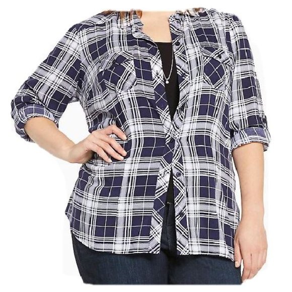 TORRID blue white Challis Plaid shirt PLUS 4X - Picture 4 of 10